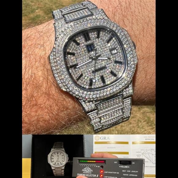 Real 14ct MOISSANITE Mens Watch Fully Iced Stainless Hip Hop Passes Diamond Test